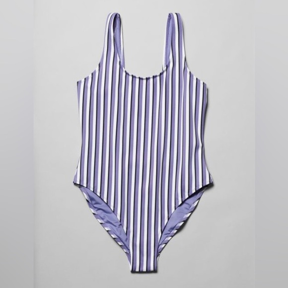 Weekday Purple White Emerald Vertical Stripe One Piece Swimsuit Size Large - Picture 5 of 5